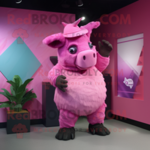 Pink Woolly Rhinoceros mascot costume character dressed with a Pencil Skirt and Hats