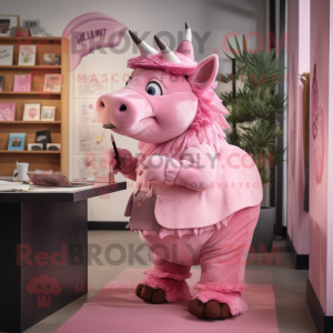 Pink Woolly Rhinoceros mascot costume character dressed with a Pencil Skirt and Hats