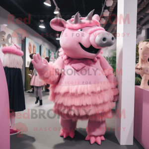 Pink Woolly Rhinoceros mascot costume character dressed with a Pencil Skirt and Hats
