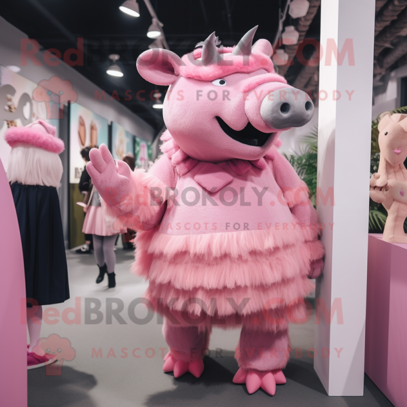 Pink Woolly Rhinoceros mascot costume character dressed with a Pencil Skirt and Hats Pink Woolly Rhinoceros mascot costume character dressed with a Pencil Skirt and Hats