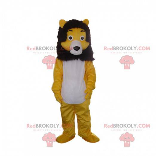 Yellow, white and black lion mascot, feline costume -