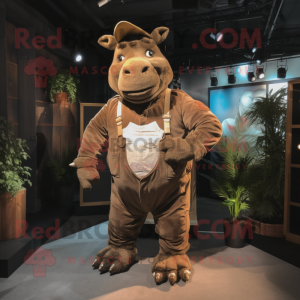 Brown Rhinoceros mascot costume character dressed with a Dungarees and Lapel pins