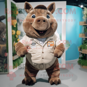 Brown Rhinoceros mascot costume character dressed with a Dungarees and Lapel pins