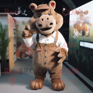 Brown Rhinoceros mascot costume character dressed with a Dungarees and Lapel pins