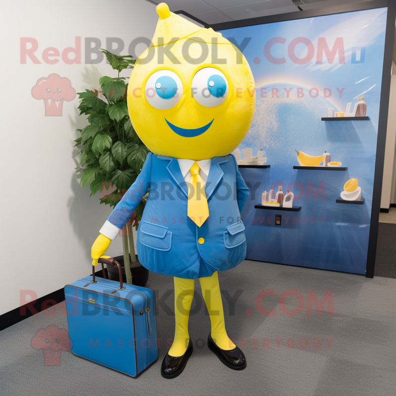 Blue Lemon mascot costume character dressed with a A-Line Skirt and Briefcases