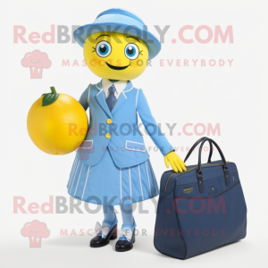 Blue Lemon mascot costume character dressed with a A-Line Skirt and Briefcases
