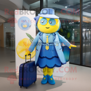 Blue Lemon mascot costume character dressed with a A-Line Skirt and Briefcases