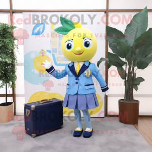 Blue Lemon mascot costume character dressed with a A-Line Skirt and Briefcases