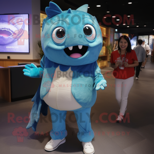 Turquoise Tuna mascot costume character dressed with a Mom Jeans and Wraps