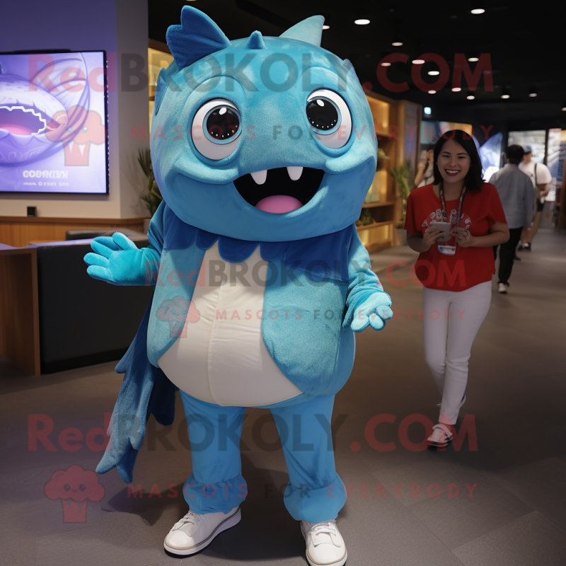 Turquoise Tuna mascot costume character dressed with a Mom Jeans and Wraps Turquoise Tuna mascot costume character dressed with a Mom Jeans and Wraps