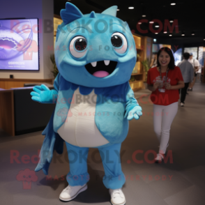 Turquoise Tuna mascot costume character dressed with a Mom Jeans and Wraps