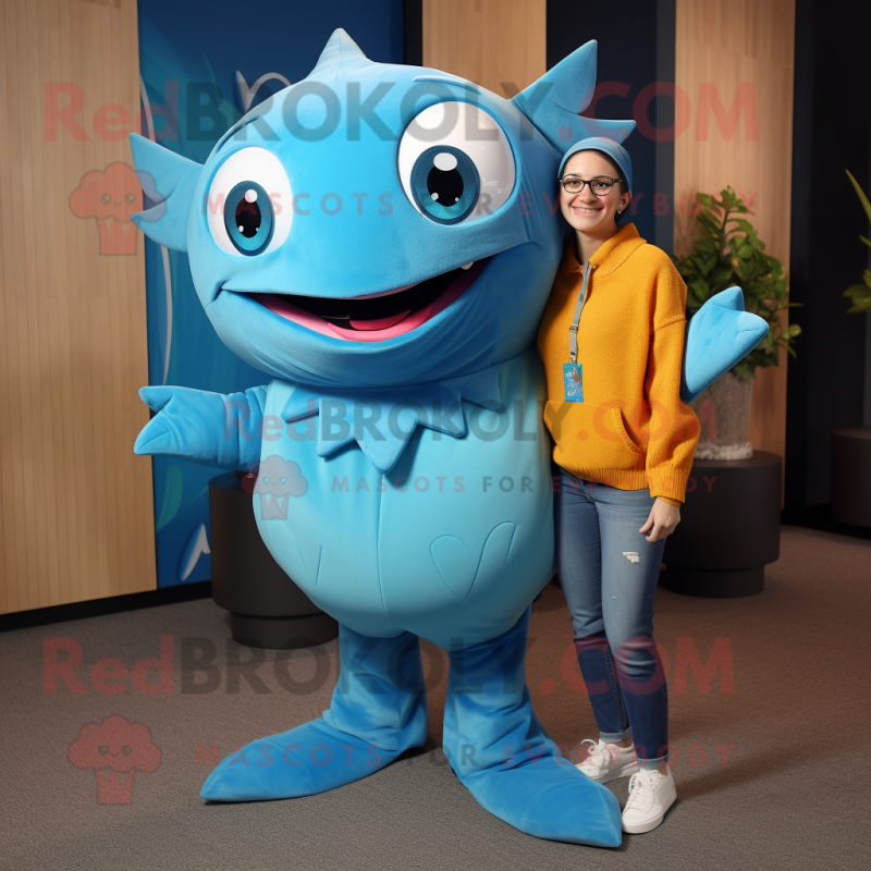 Turquoise Tuna mascot costume character dressed with a Mom Jeans and Wraps Turquoise Tuna mascot costume character dressed with a Mom Jeans and Wraps