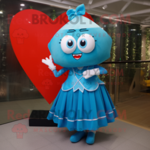 Turquoise Arrow Of Love mascot costume character dressed with a Pleated Skirt and Brooches