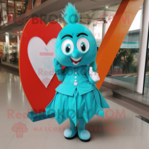 Turquoise Arrow Of Love mascot costume character dressed with a Pleated Skirt and Brooches