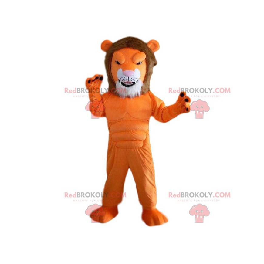 Mascota del león naranja, disfraz de animal muy musculoso y