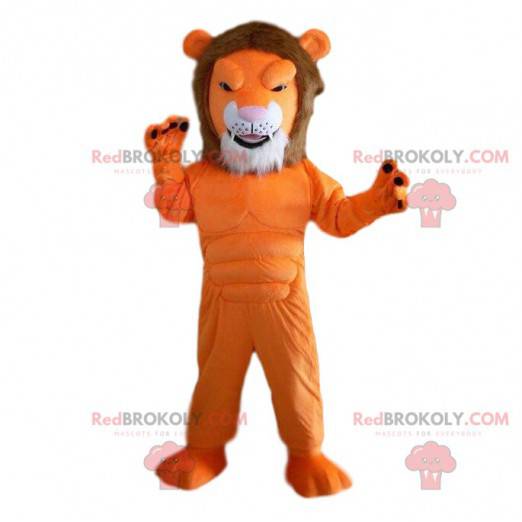 Orange lion mascot, very muscular, muscular animal costume -