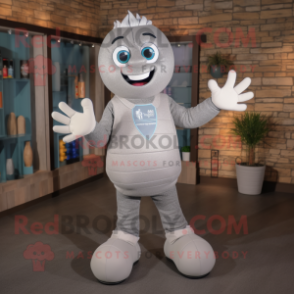 Gray Juggle mascot costume character dressed with a Sweater and Foot pads