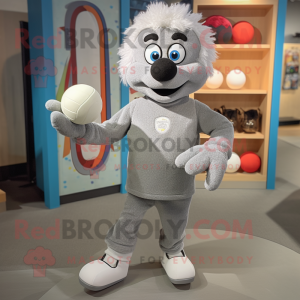 Gray Juggle mascot costume character dressed with a Sweater and Foot pads