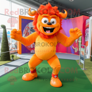 Orange Demon mascot costume character dressed with a Running Shorts and Hair clips