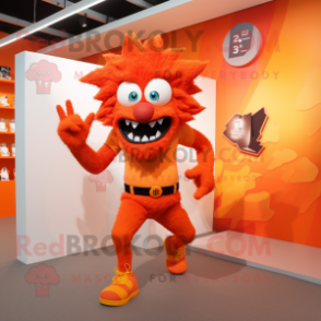 Orange Demon mascot costume character dressed with a Running Shorts and Hair clips