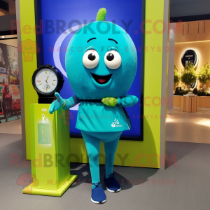 Cyan Squash mascot costume character dressed with a Sheath Dress and Digital watches