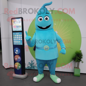 Cyan Squash mascot costume character dressed with a Sheath Dress and Digital watches