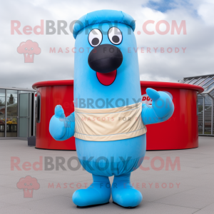 Sky Blue Hot Dogs mascot costume character dressed with a Waistcoat and Cummerbunds