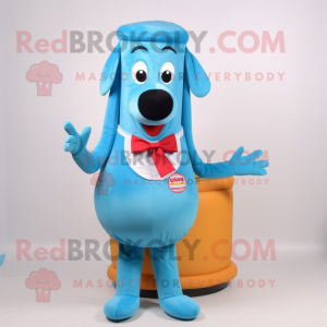 Sky Blue Hot Dogs mascot costume character dressed with a Waistcoat and Cummerbunds