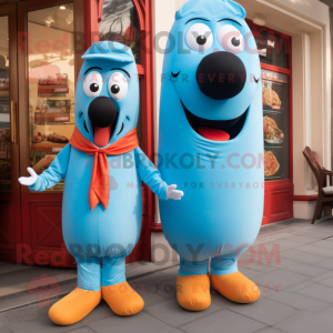 Sky Blue Hot Dogs mascot costume character dressed with a Waistcoat and Cummerbunds