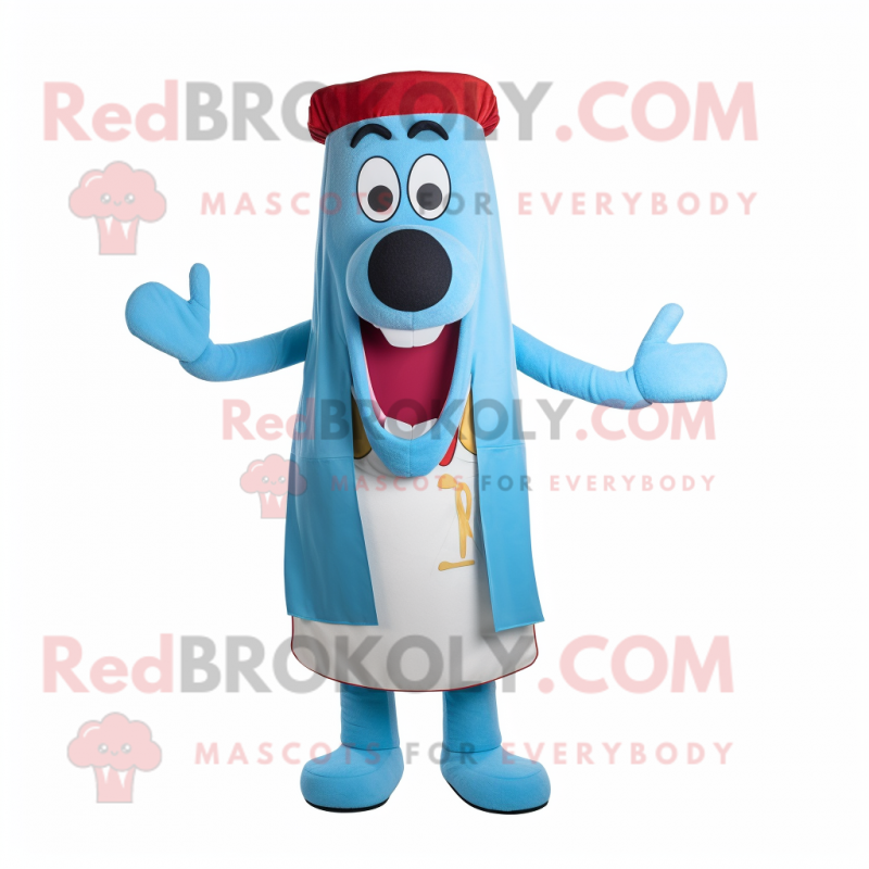 Sky Blue Hot Dogs mascot costume character dressed with a Waistcoat and Cummerbunds Sky Blue Hot Dogs mascot costume character dressed with a Waistcoat and Cummerbunds