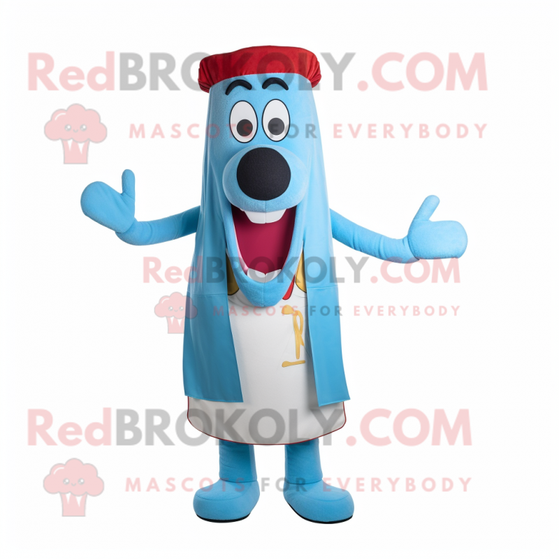 Sky Blue Hot Dogs mascot costume character dressed with a Waistcoat and Cummerbunds