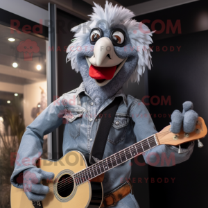 Silver Rooster mascot costume character dressed with a Denim Shirt and Mittens