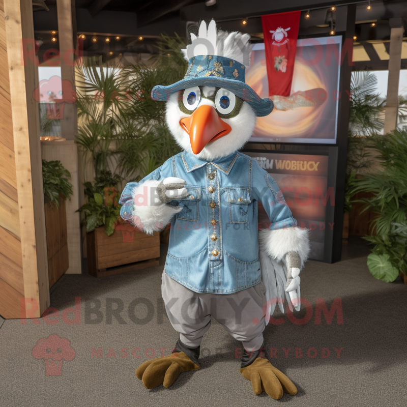 Silver Rooster mascot costume character dressed with a Denim Shirt and Mittens