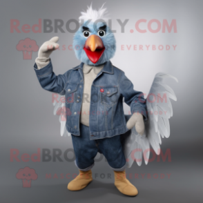 Silver Rooster mascot costume character dressed with a Denim Shirt and Mittens