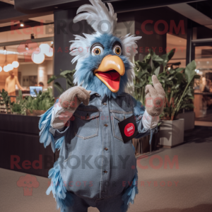 Silver Rooster mascot costume character dressed with a Denim Shirt and Mittens