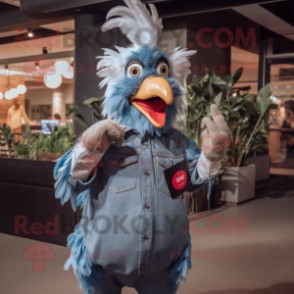 Silver Rooster mascot costume character dressed with a Denim Shirt and Mittens