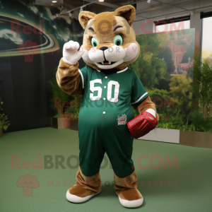 Forest Green Bobcat mascot costume character dressed with a Baseball Tee and Foot pads