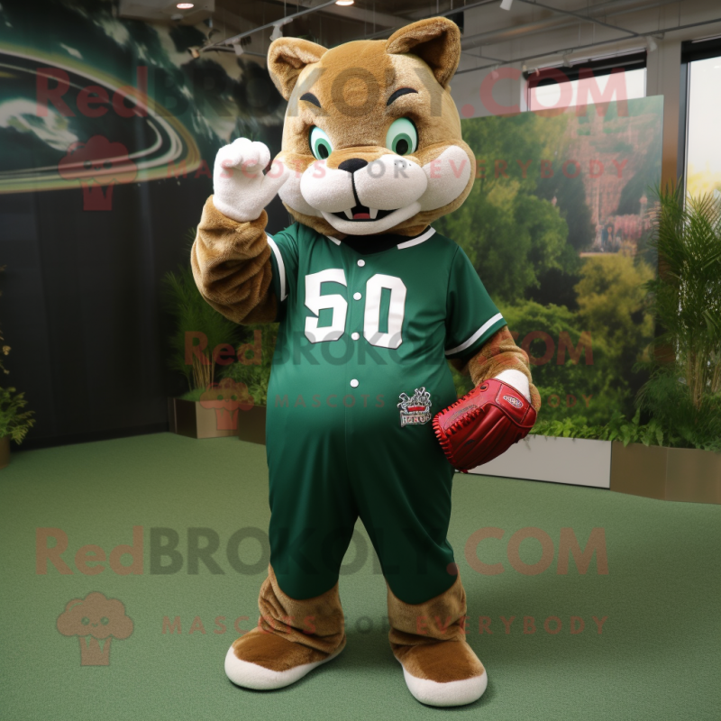 Forest Green Bobcat mascot costume character dressed with a Baseball Tee and Foot pads