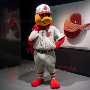 Red Pigeon mascot costume character dressed with a Baseball Tee and Lapel pins