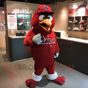 Red Pigeon mascot costume character dressed with a Baseball Tee and Lapel pins