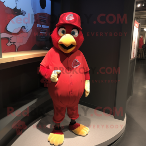 Red Pigeon mascot costume character dressed with a Baseball Tee and Lapel pins
