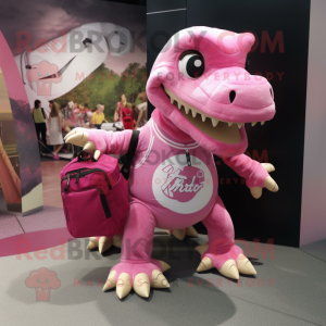 Pink Tyrannosaurus mascot costume character dressed with a Graphic Tee and Messenger bags