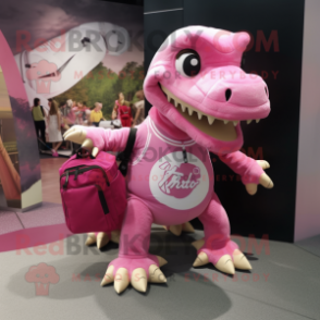 Pink Tyrannosaurus mascot costume character dressed with a Graphic Tee and Messenger bags