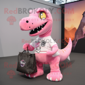 Pink Tyrannosaurus mascot costume character dressed with a Graphic Tee and Messenger bags