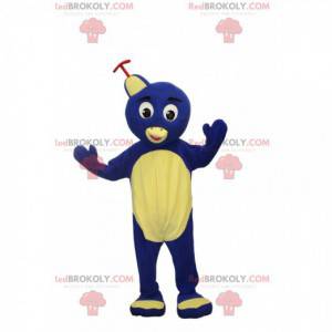 Mascotte uccello giallo e blu con un cappello, costume da