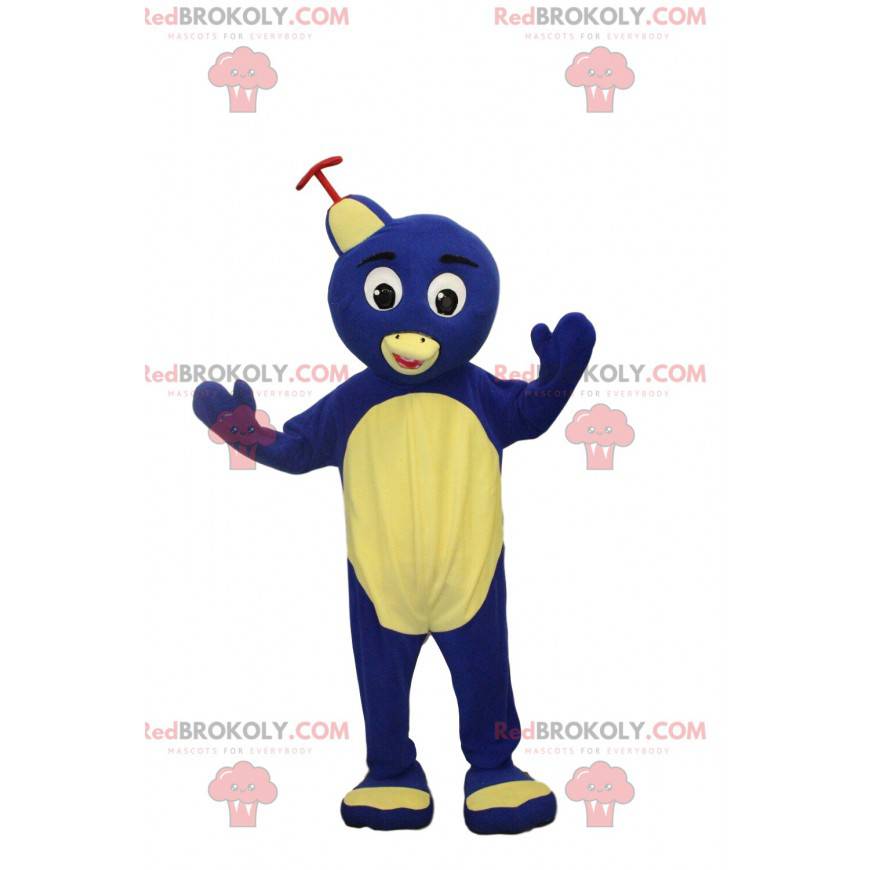 Mascotte d'oiseau jaune et bleu avec un chapeau, costume