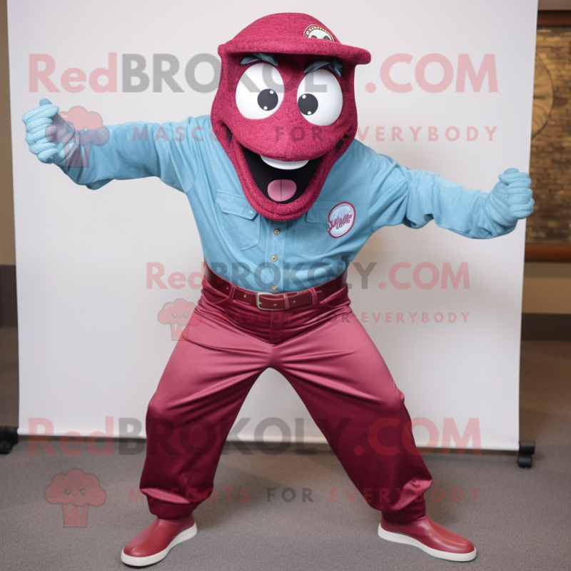 Maroon Contortionist mascot costume character dressed with a Chambray Shirt and Brooches