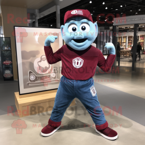 Maroon Contortionist mascot costume character dressed with a Chambray Shirt and Brooches