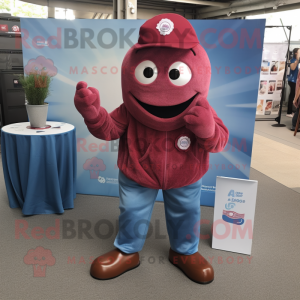 Maroon Contortionist mascot costume character dressed with a Chambray Shirt and Brooches