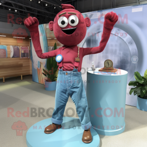 Maroon Contortionist mascot costume character dressed with a Chambray Shirt and Brooches